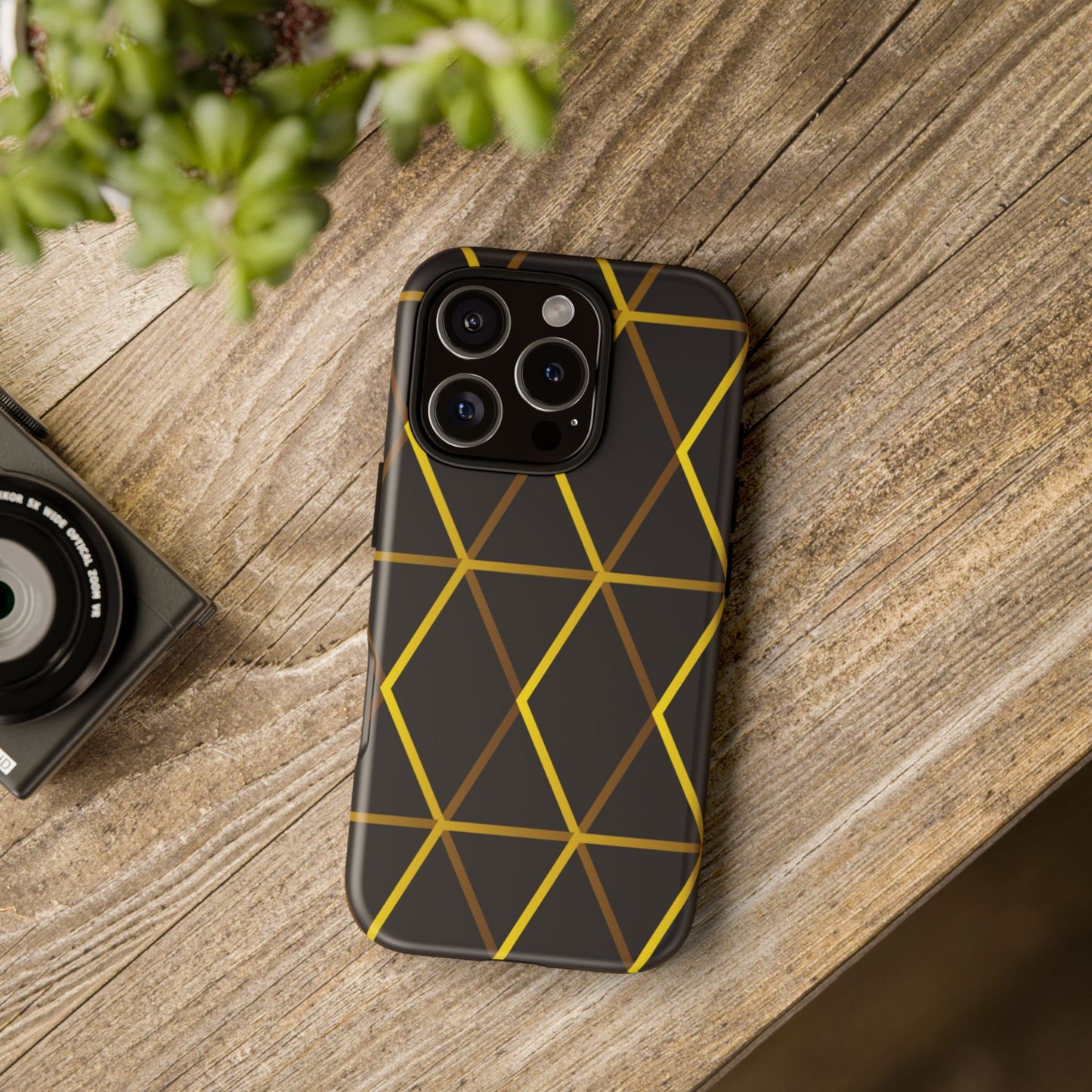 Stylish Tough Phone Case - Geometric Gold & Black Design