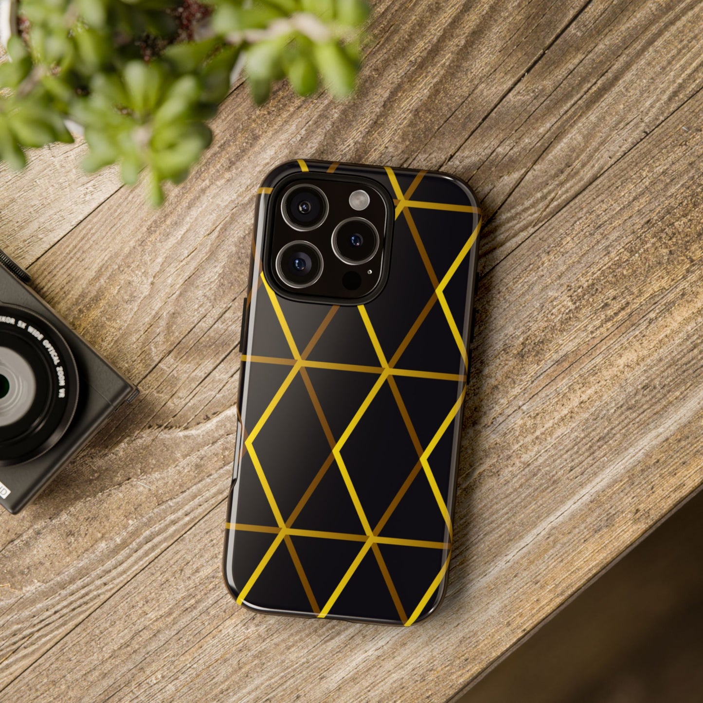 Stylish Tough Phone Case - Geometric Gold & Black Design